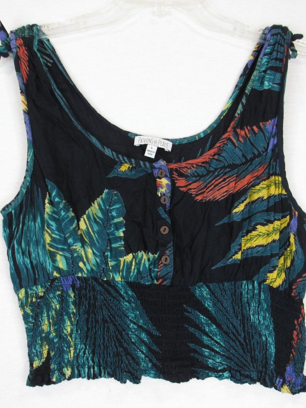 Patrons of Peace Crop Top Women's Size L Tropical Smocked Sleeveless
